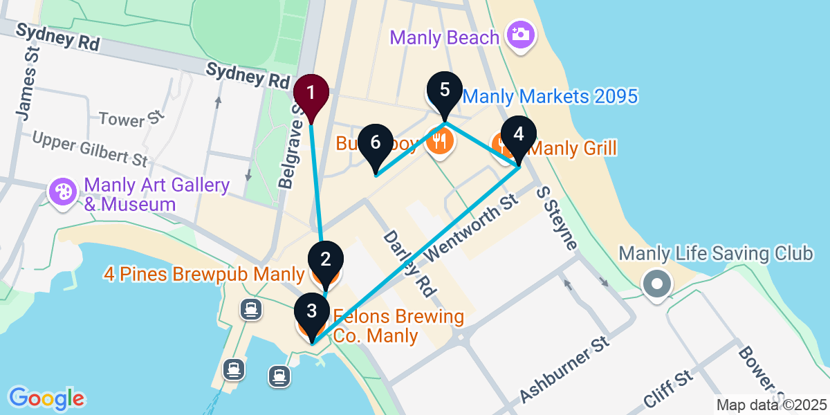 Map for 6-Stop Manly Pub Bar Crawl