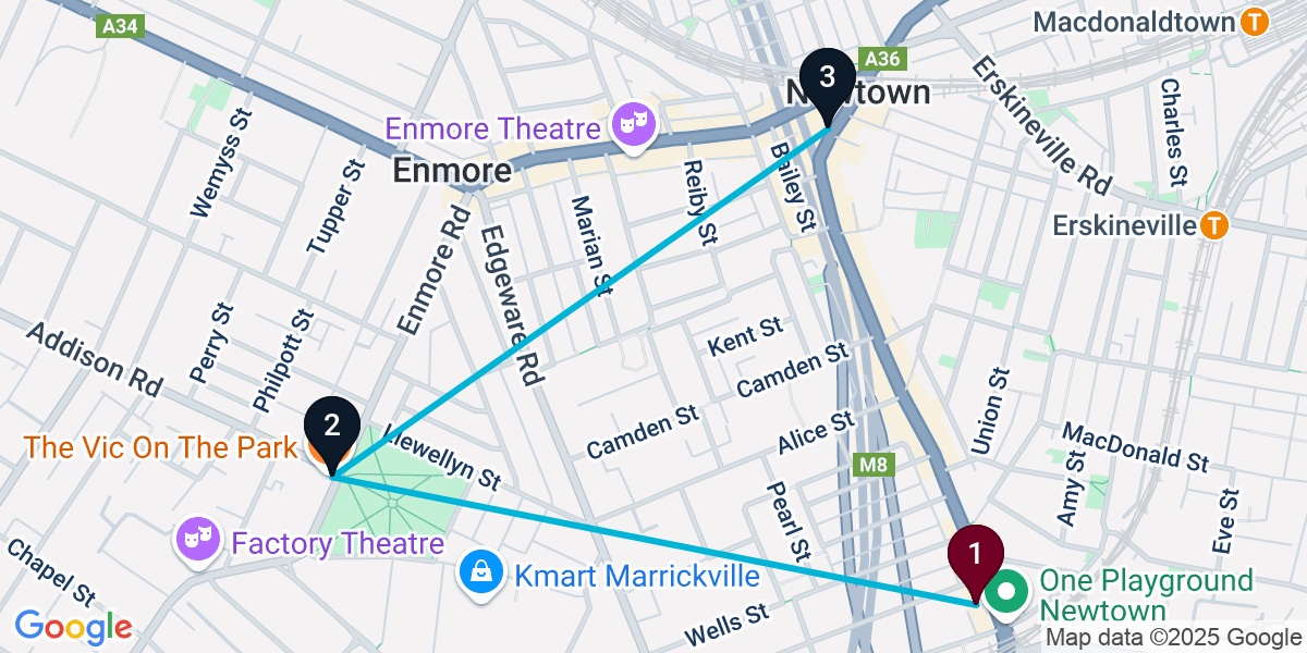 Map for 3-Stop Newtown Live music Bar Crawl