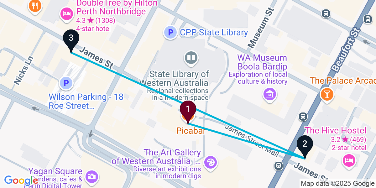 Map for 3-Stop Northbridge Nightclub Bar Crawl