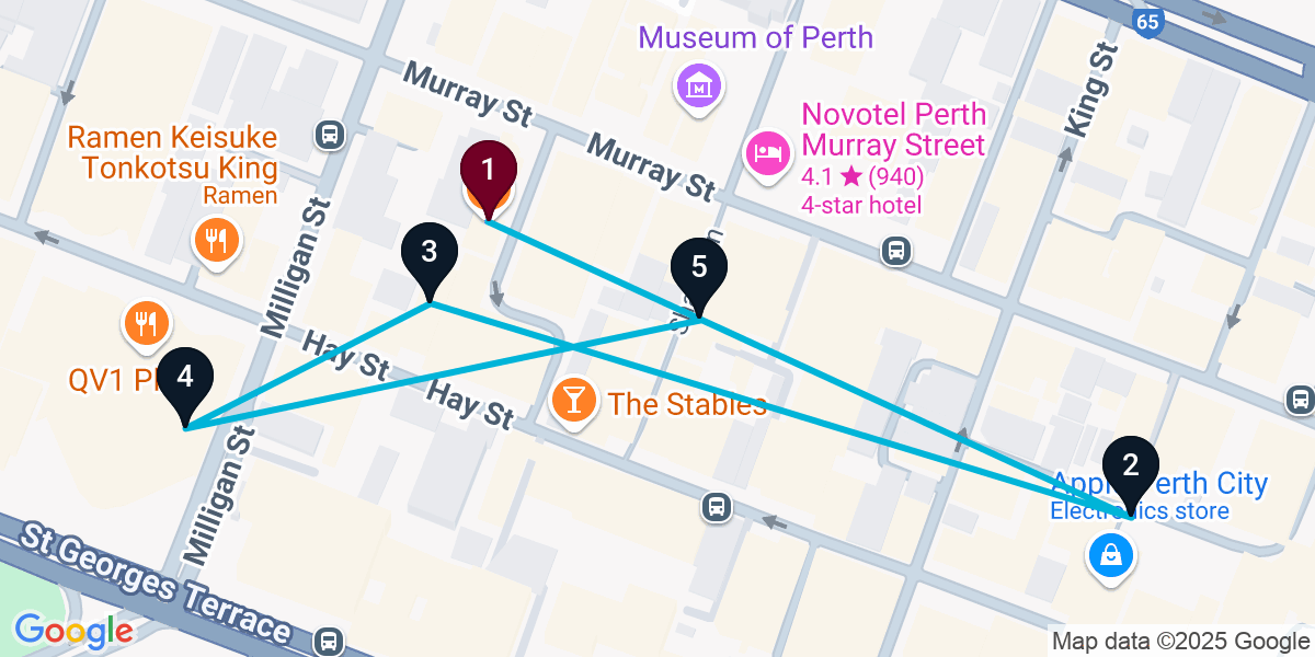 Map for 5-Stop Perth Bar Crawl