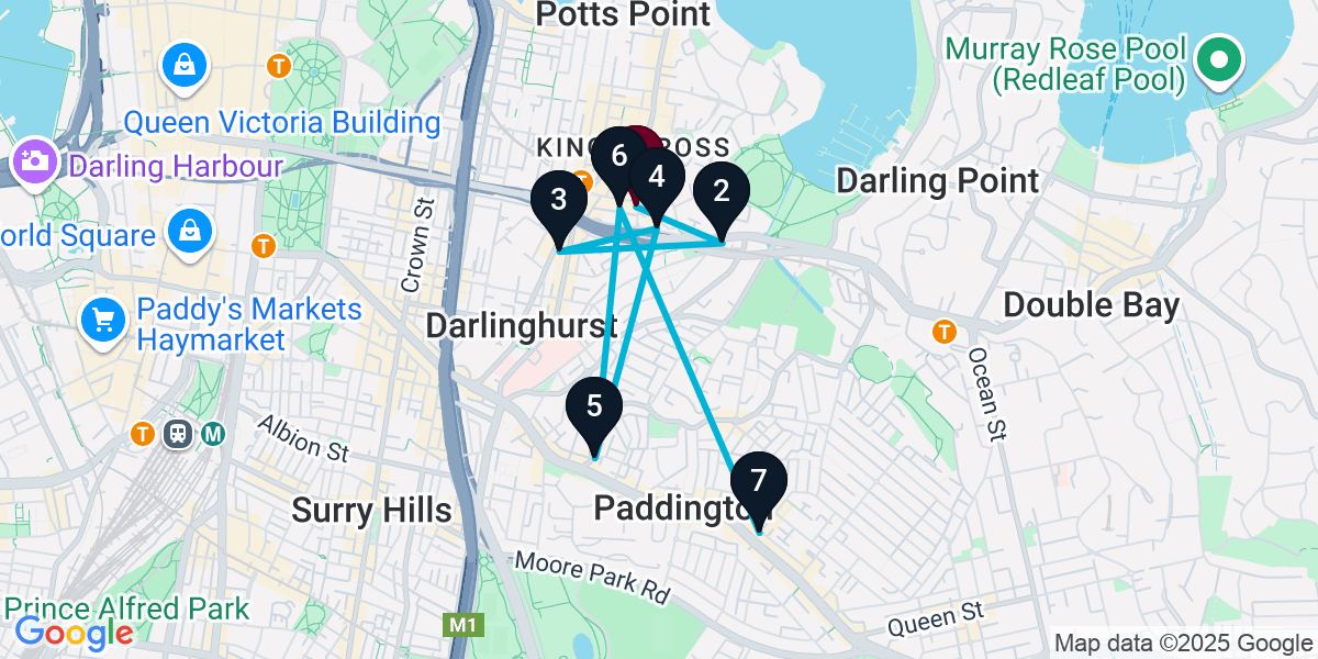Map for 7-Stop Potts Point Wine bar Bar Crawl