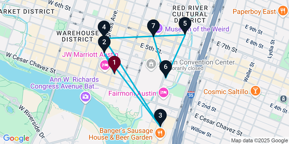 Map for 7-Stop Austin Cocktail Bar Crawl