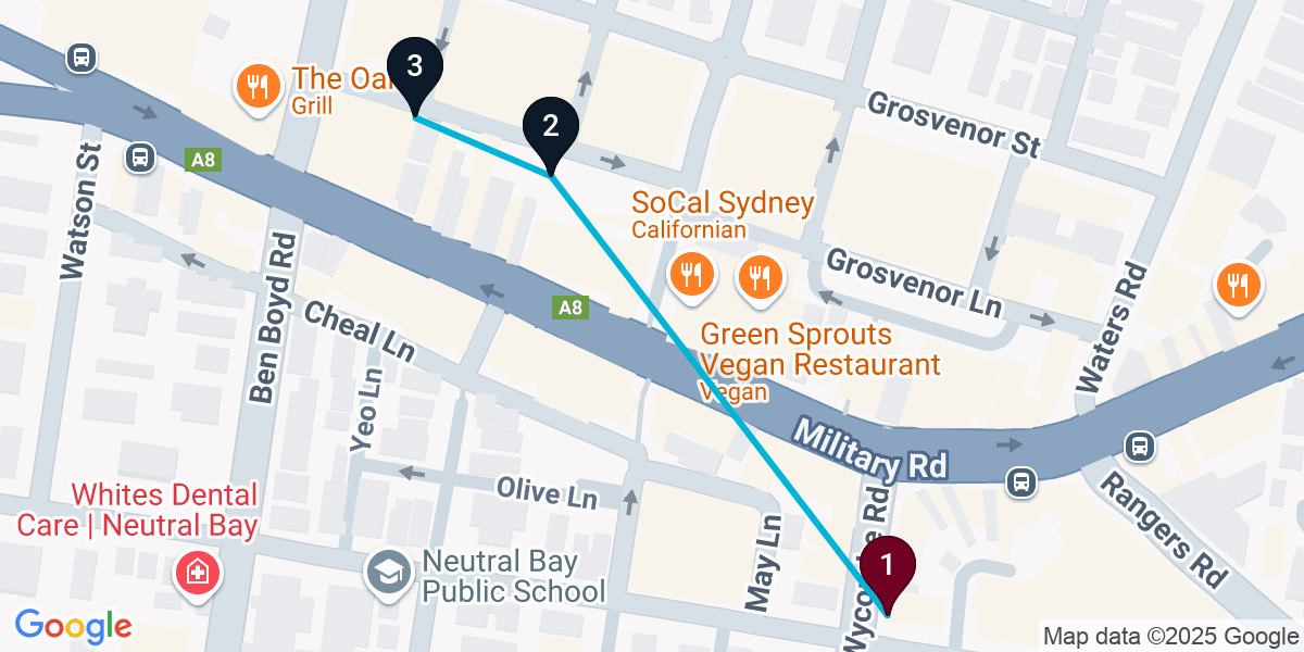 Map for 3-Stop Neutral Bay Bar Crawl