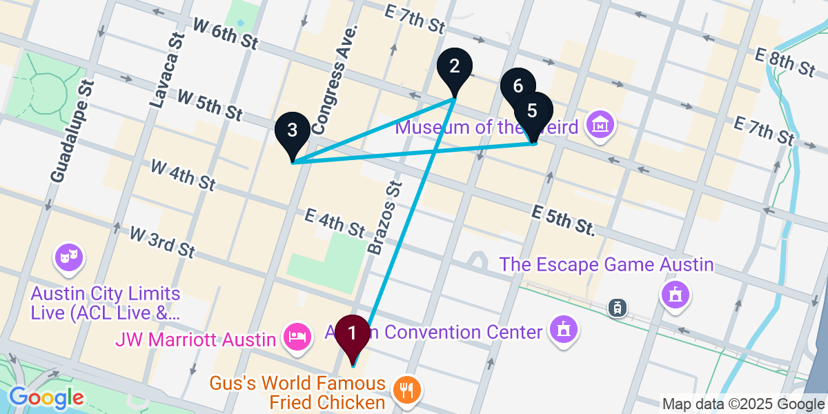 Map for 6-Stop Austin Live music Bar Crawl