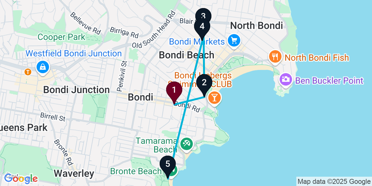 Map for 5-Stop Bondi Beach bar Bar Crawl