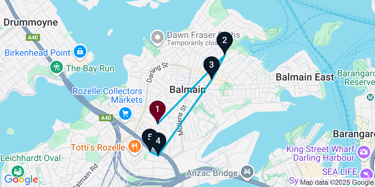 Map for 5-Stop Rozelle Pub Bar Crawl