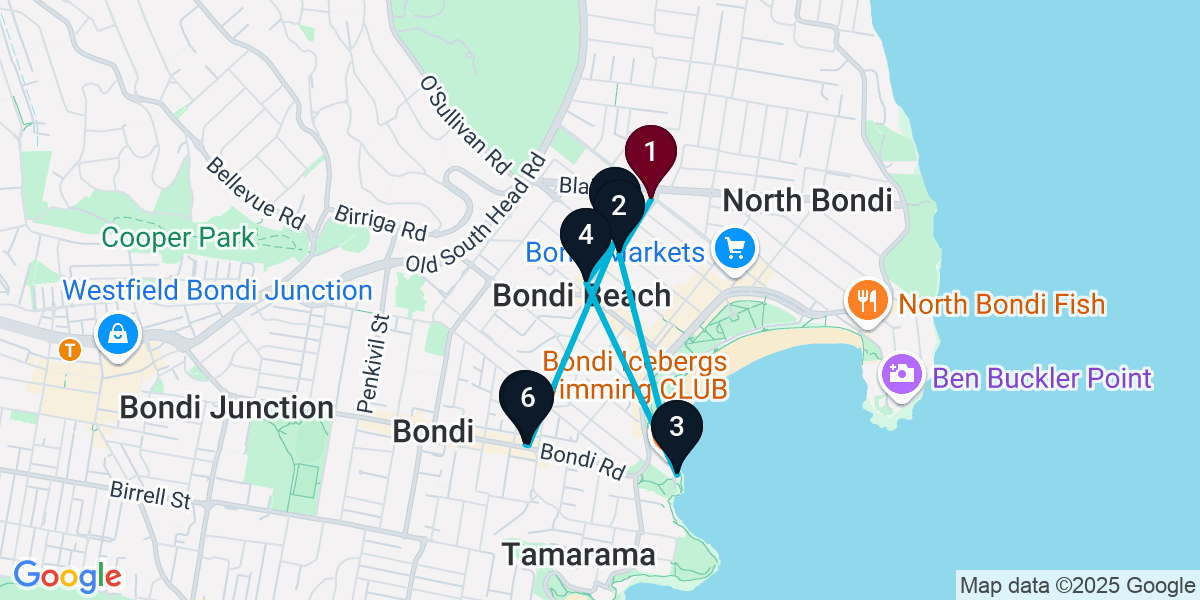 Map for 7-Stop Bondi Beach Bar Crawl
