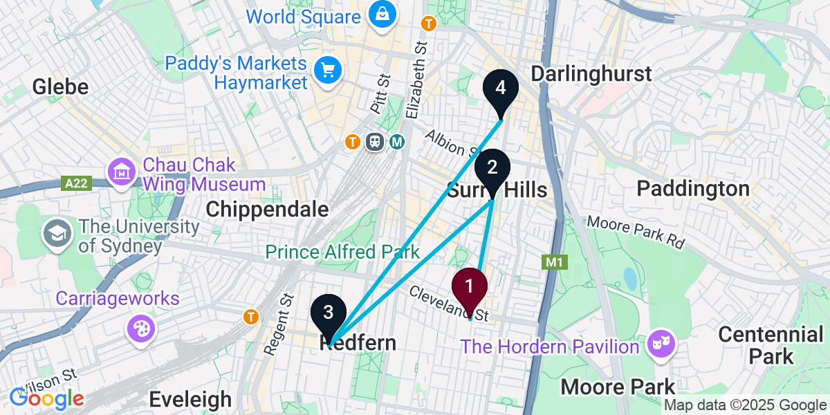 Map for 4-Stop Redfern Wine bar Bar Crawl