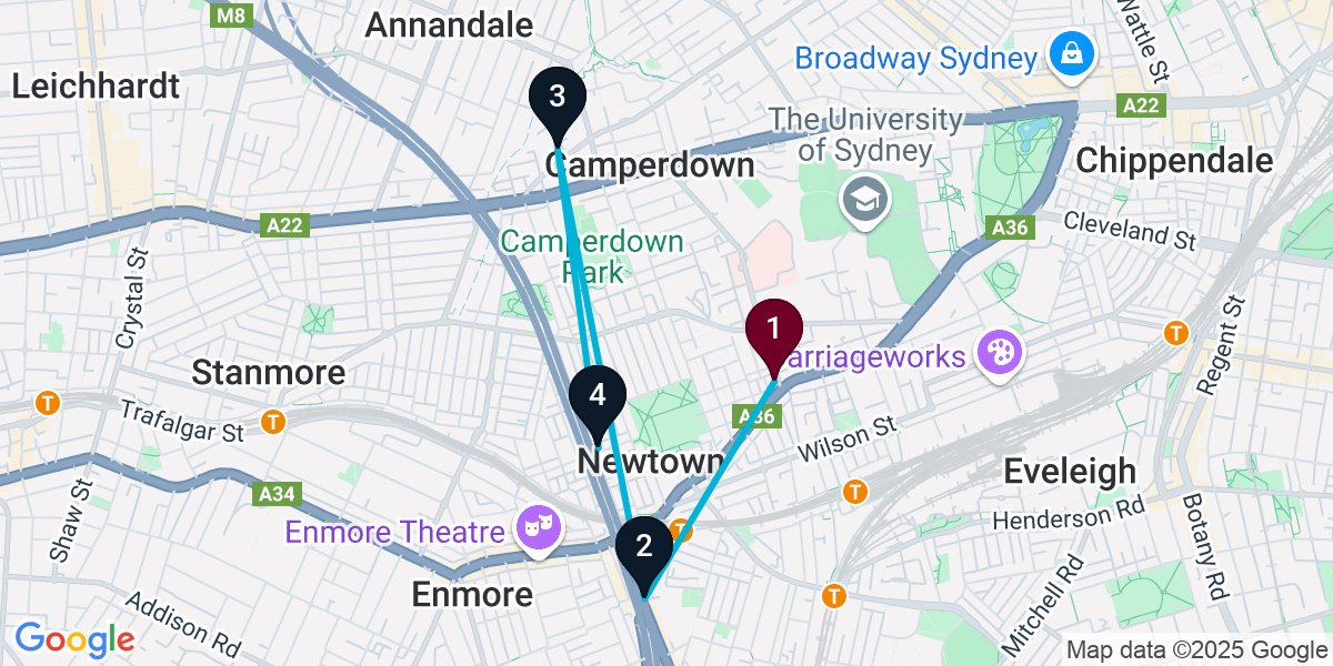 Map for 4-Stop Newtown Speakeasy Bar Crawl