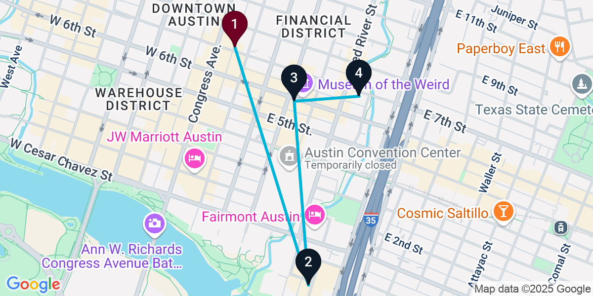 Map for 4-Stop Austin Cocktail Bar Crawl