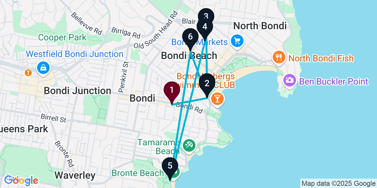 Map for 7-Stop Bondi Beach bar Bar Crawl
