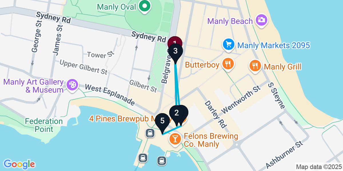 Map for 5-Stop Manly Bar Crawl