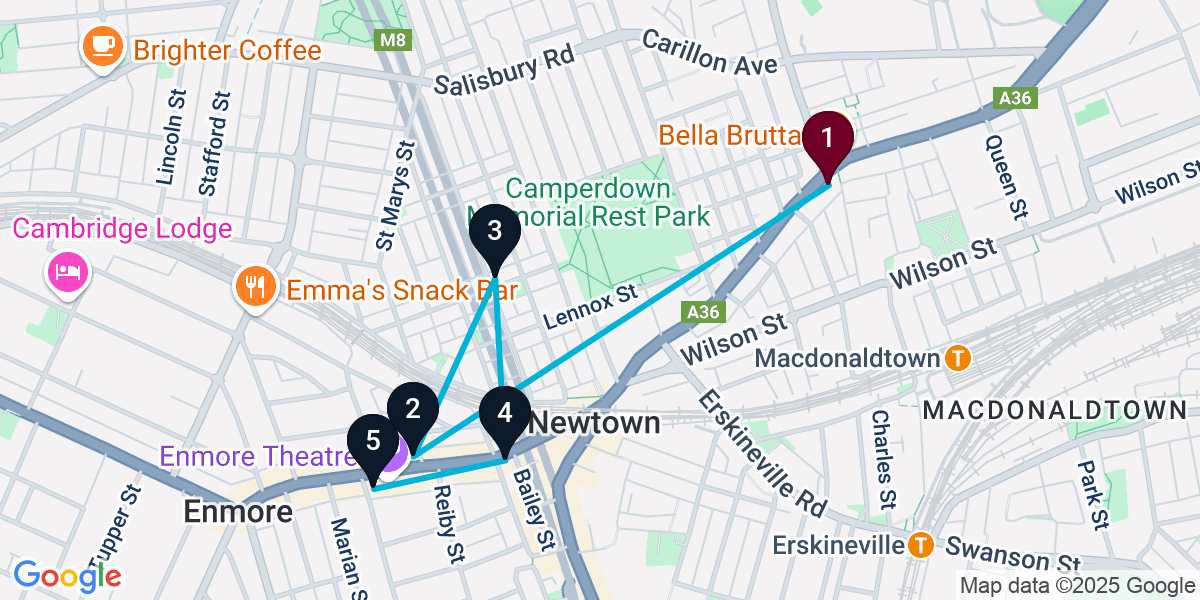 Map for 5-Stop Newtown Cocktail Bar Crawl