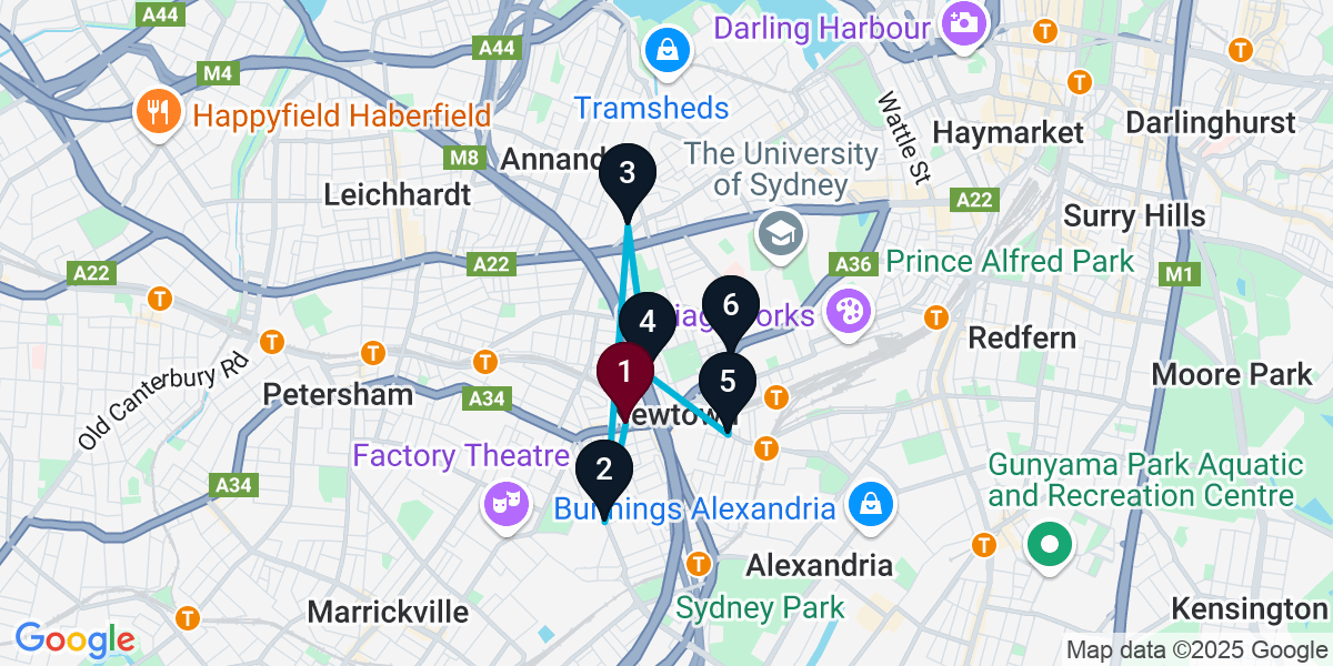 Map for 6-Stop Newtown Pub Bar Crawl