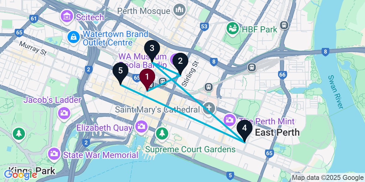 Map for 5-Stop Perth Nightclub Bar Crawl