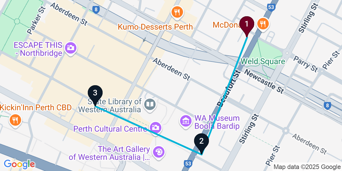 Map for 3-Stop Perth Nightclub Bar Crawl
