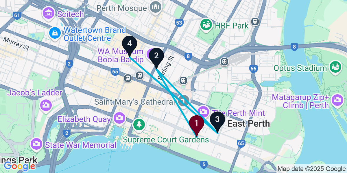 Map for 4-Stop Perth Nightclub Bar Crawl