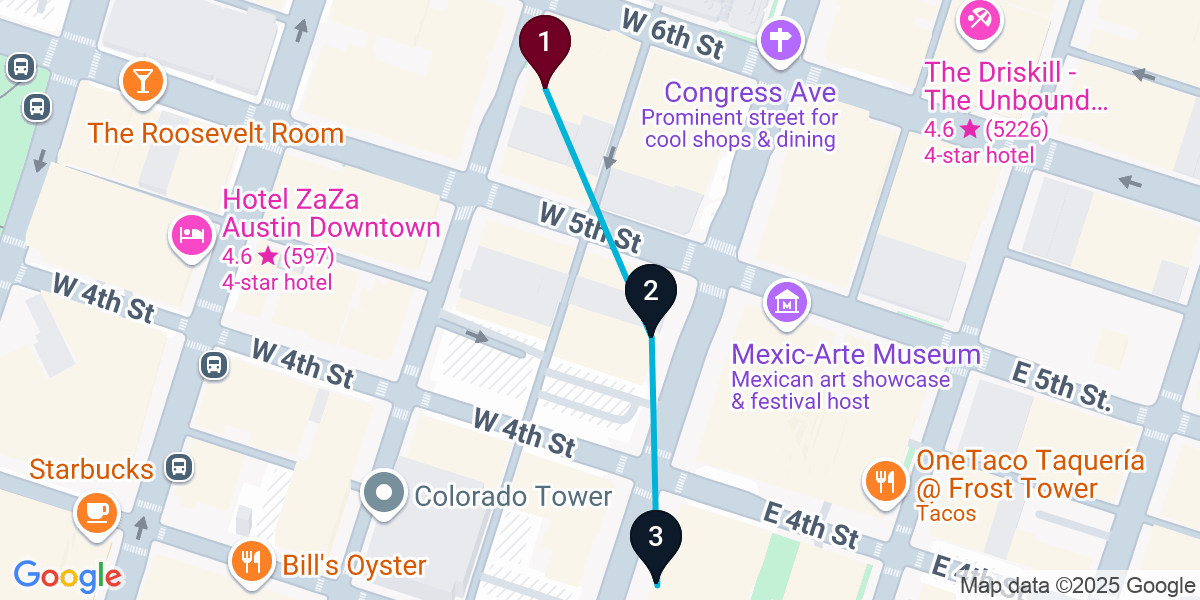 Map for 3-Stop Austin Cocktail Bar Crawl