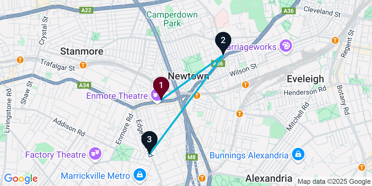 Map for 3-Stop Newtown Nightclub Bar Crawl