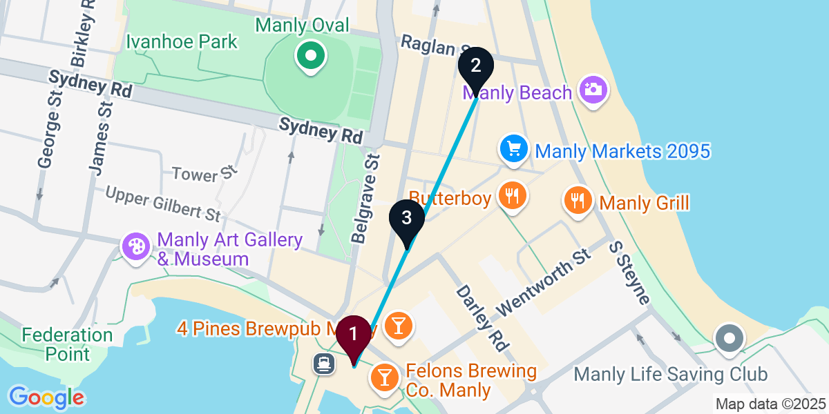Map for 3-Stop Manly Cocktail Bar Crawl