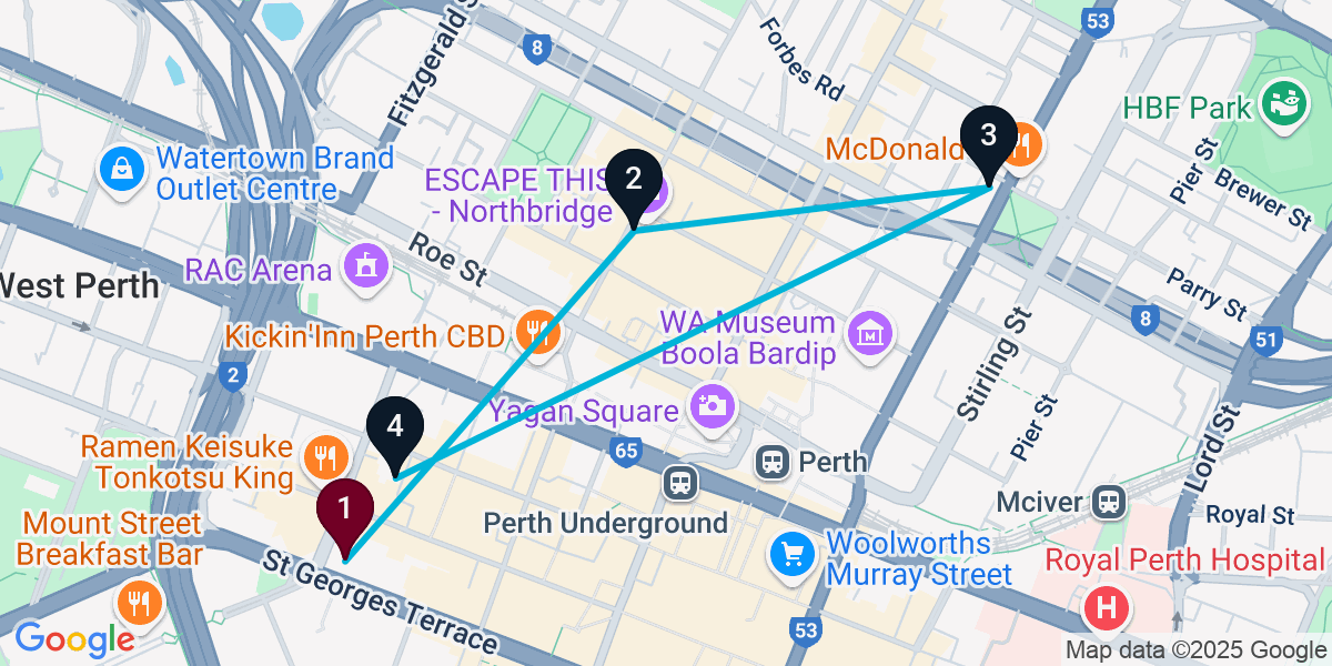 Map for 4-Stop Perth Cocktail Bar Crawl