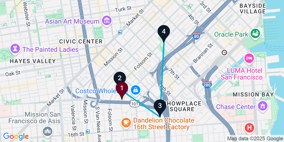 Map for 4-Stop San Francisco Nightclub Bar Crawl