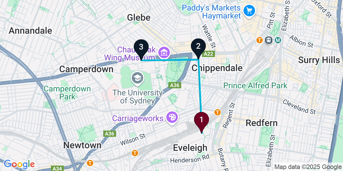 Map for 3-Stop Eveleigh Live music Bar Crawl