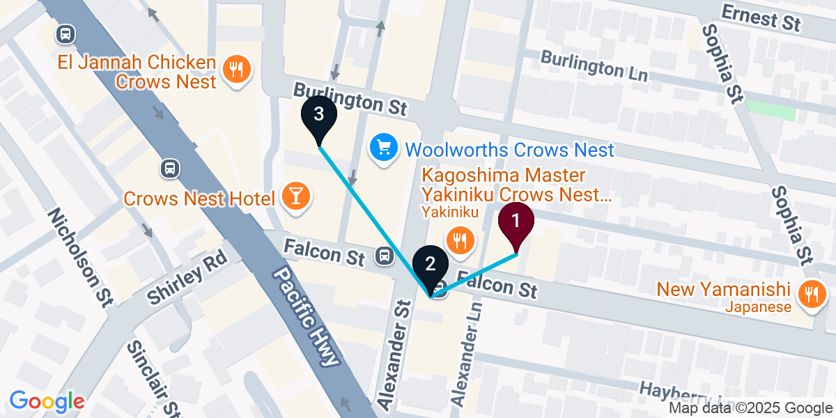 Map for 3-Stop Crows Nest Bar Crawl