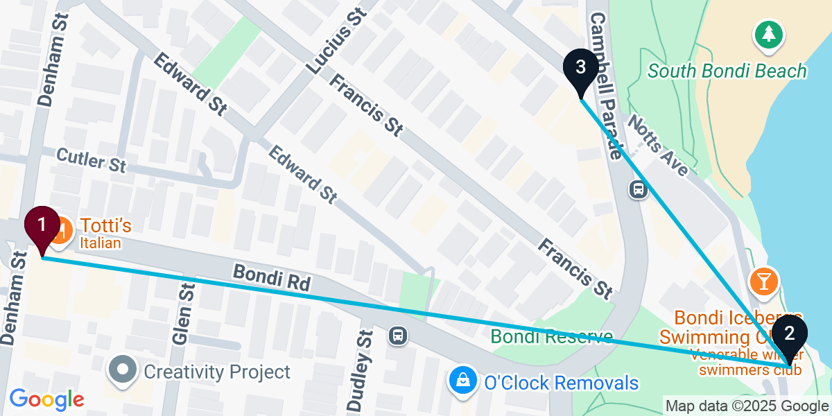Map for 3-Stop Bondi Rooftop Bar Crawl