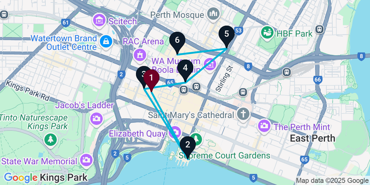 Map for 6-Stop Perth Cocktail Bar Crawl