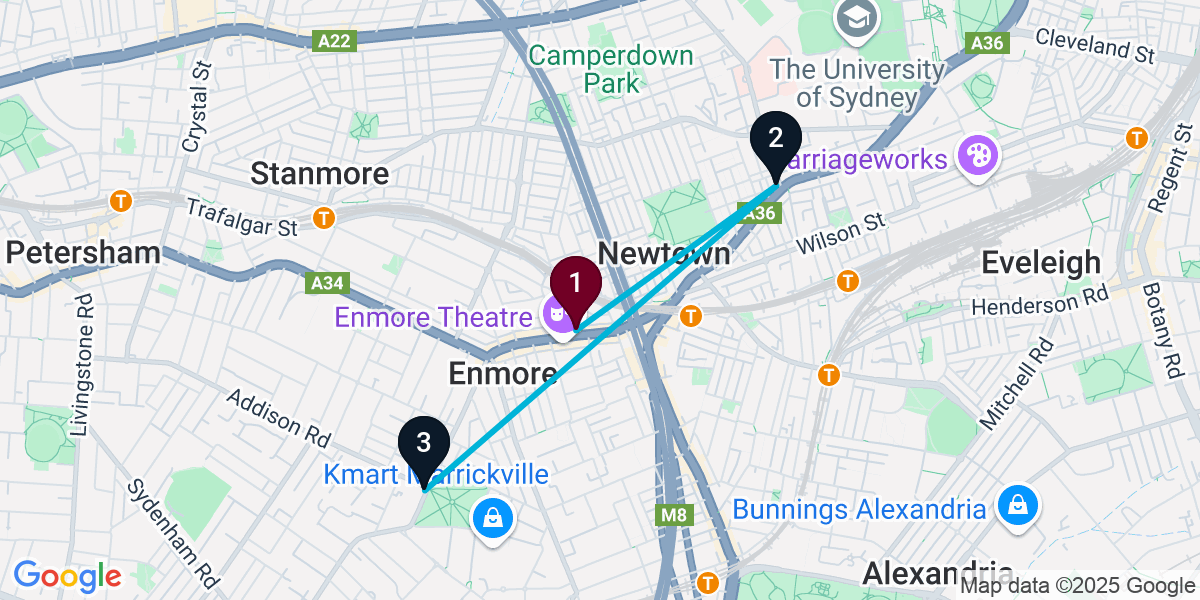 Map for 3-Stop Newtown Live music Bar Crawl