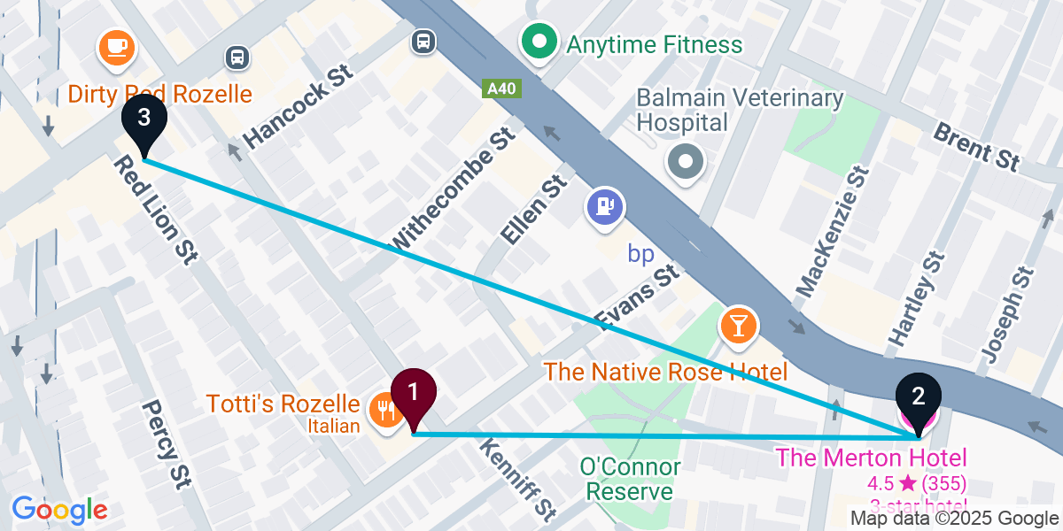Map for 3-Stop Rozelle Bar Crawl