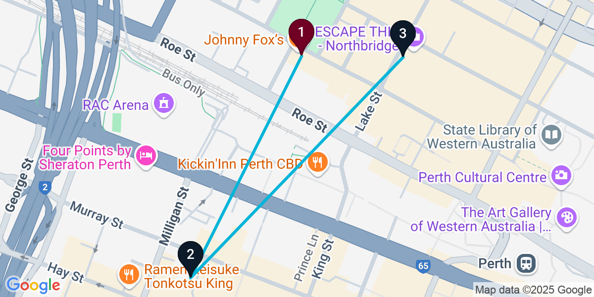 Map for 3-Stop Northbridge Cocktail Bar Crawl