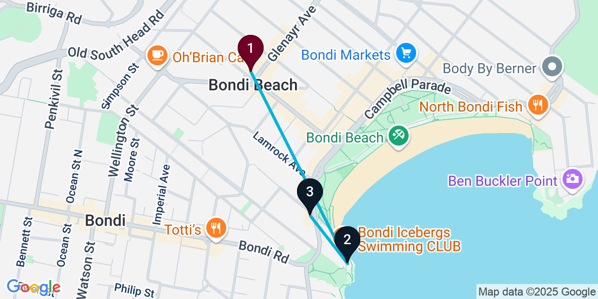 Map for 3-Stop Bondi Beach Rooftop Bar Crawl