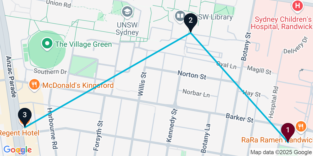 Map for 3-Stop Randwick Pub Bar Crawl