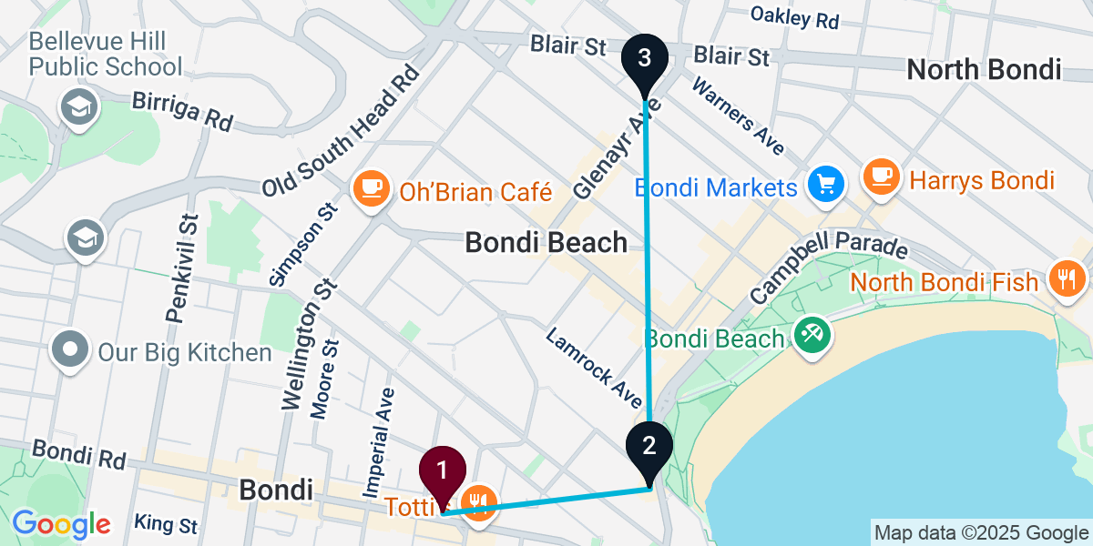 Map for 3-Stop Bondi Beach bar Bar Crawl