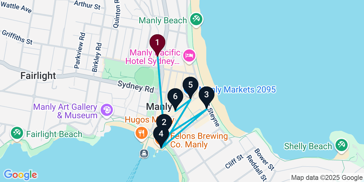 Map for 6-Stop Manly Pub Bar Crawl