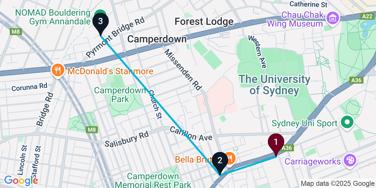 Map for 3-Stop Newtown Rooftop Bar Crawl