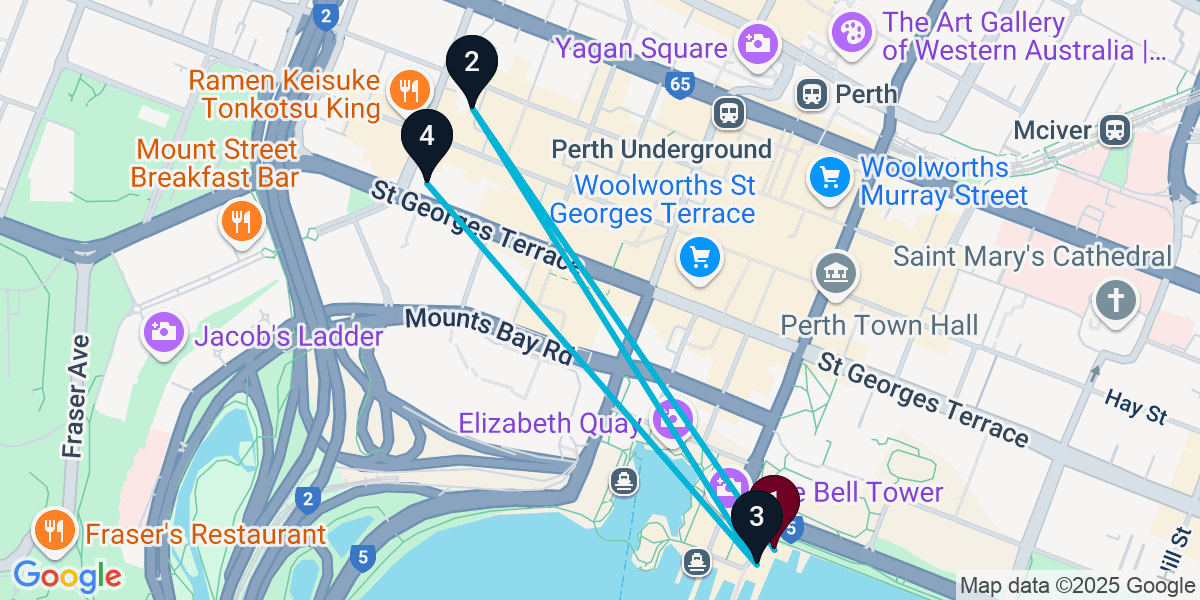 Map for 4-Stop Perth Rooftop Bar Crawl