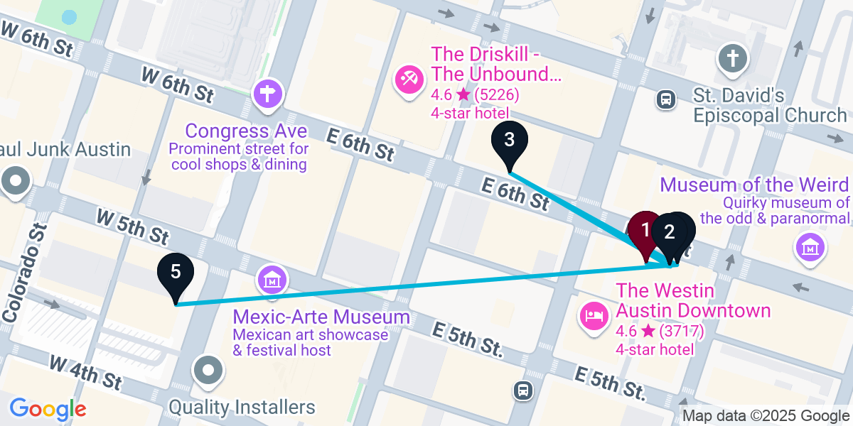 Map for 5-Stop Austin Live music Bar Crawl