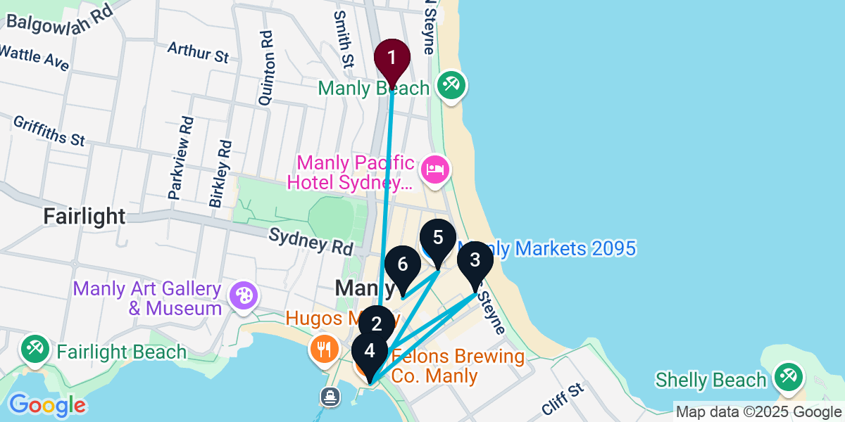 Map for 6-Stop Manly Pub Bar Crawl