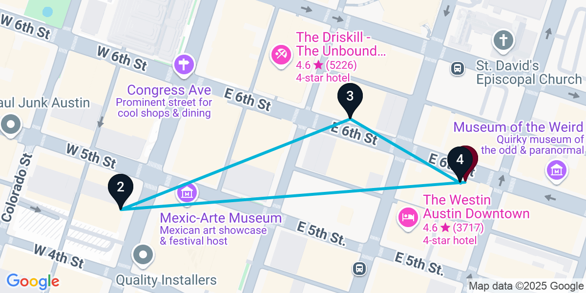 Map for 4-Stop Austin Live music Bar Crawl