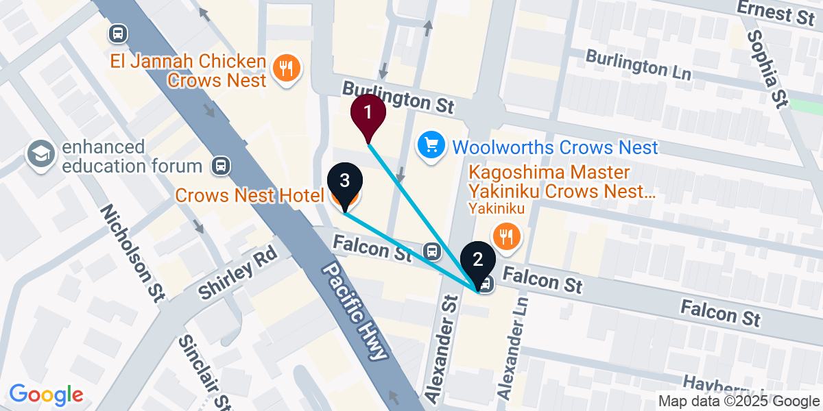 Map for 3-Stop Crows Nest Pub Bar Crawl