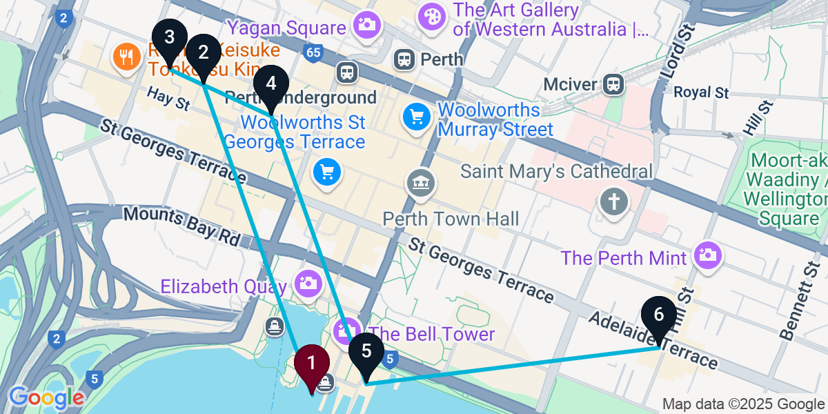Map for 6-Stop Perth Pub Bar Crawl
