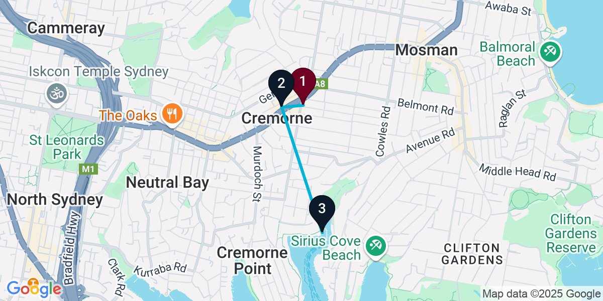 Map for 3-Stop Mosman Pub Bar Crawl