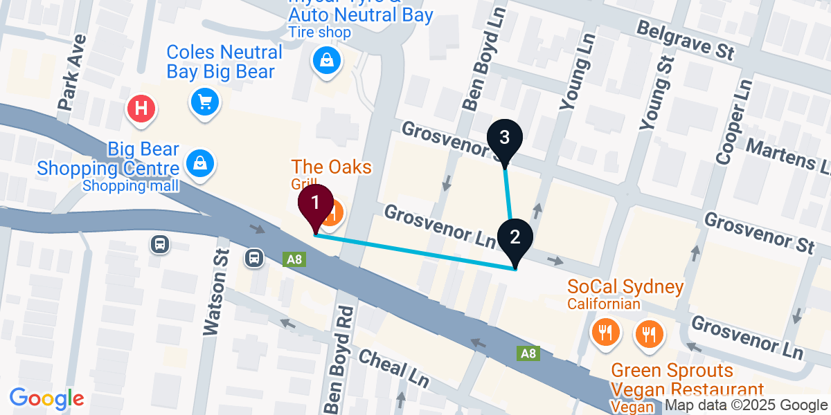Map for 3-Stop Neutral Bay Cocktail Bar Crawl
