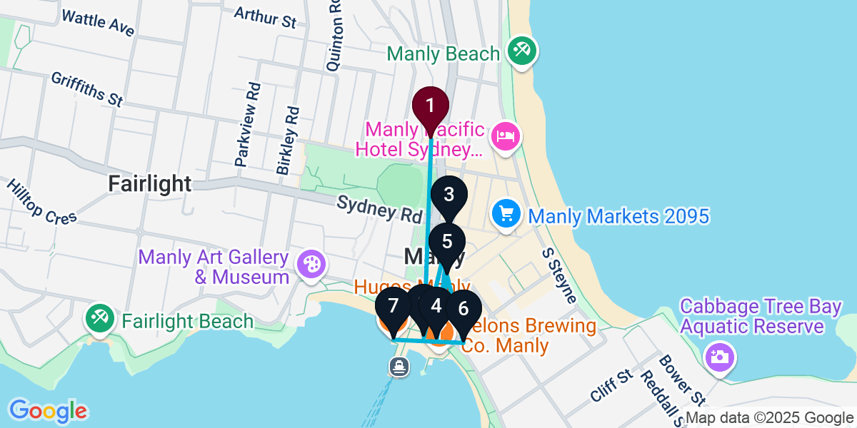 Map for 7-Stop Manly Bar Crawl