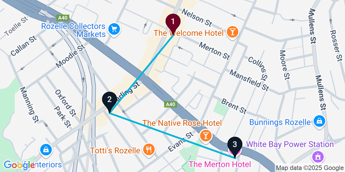 Map for 3-Stop Rozelle Pub Bar Crawl