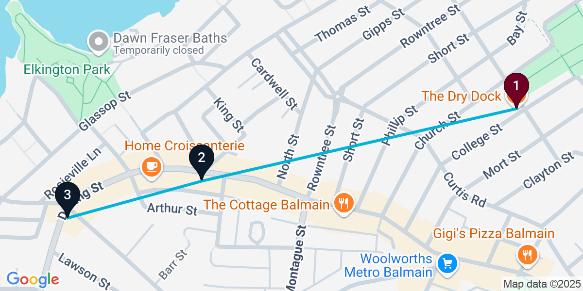 Map for 3-Stop Balmain Cocktail Bar Crawl