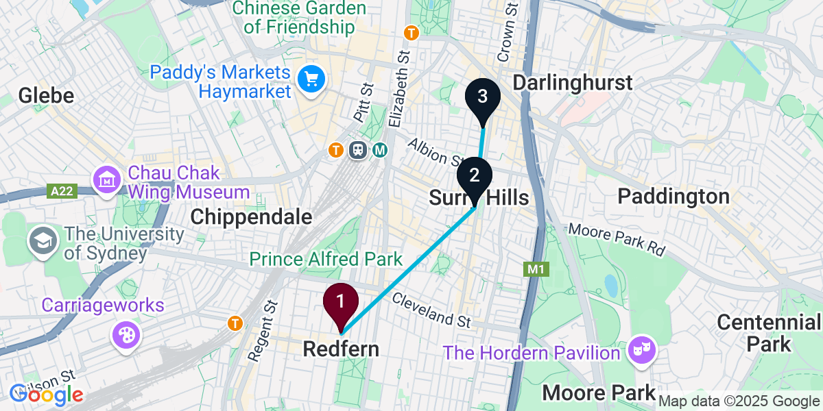 Map for 3-Stop Redfern Wine bar Bar Crawl